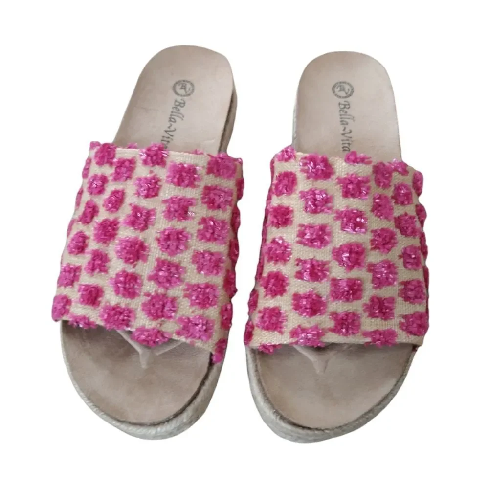 New Bella Vita Woman's Raffia Flatform Espadrilles Pink Poms Size 8 Wide Wide
